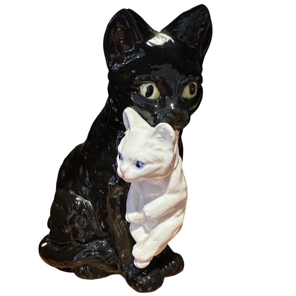 Vintage Ceramic Black Cat and White Kitten Planter Figurine Glossy Glaze 7 inch